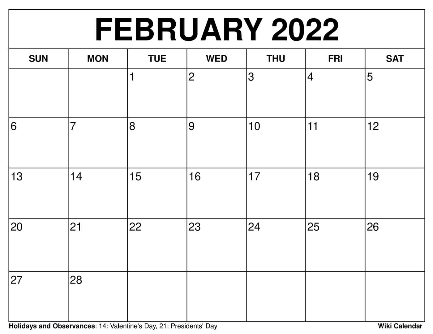 Feb 2022 Calendar With Holidays Free Printable February 2022 Calendars - Wiki Calendar