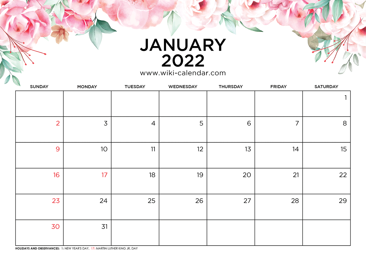 Free Printable January 2022 Calendars