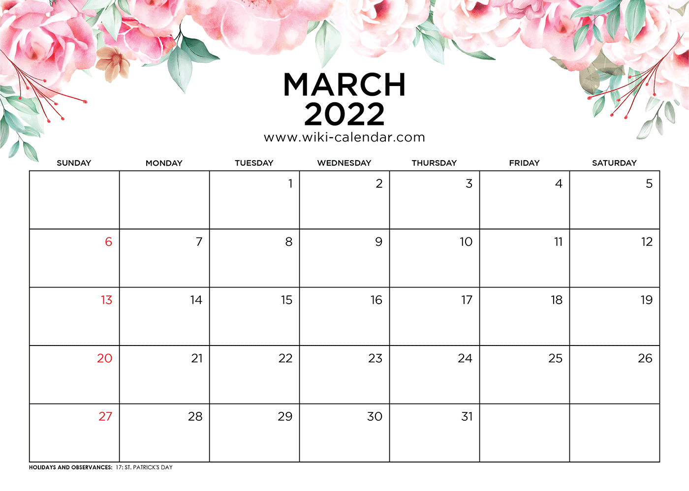 Free Printable March 2022 Calendars