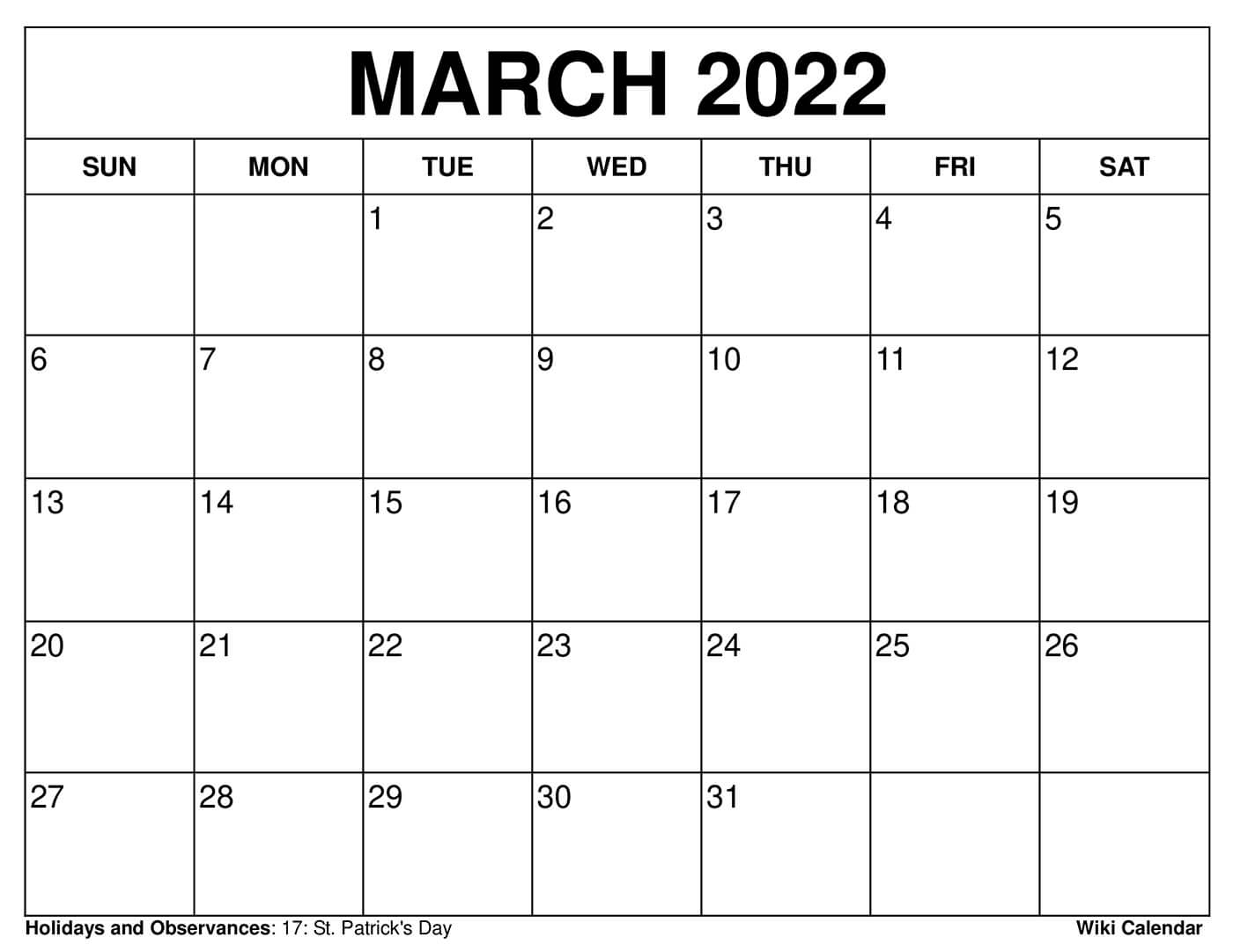 Month Of March 2022 Calendar Free Printable March 2022 Calendars - Wiki Calendar