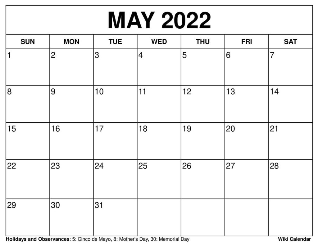 Free Printable May 2022 Calendars Wiki Calendar