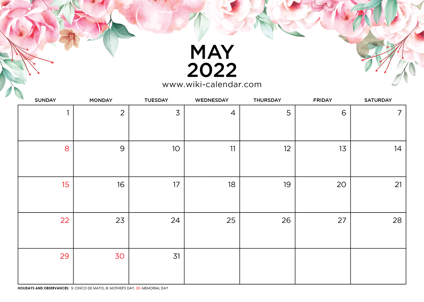 May 2022 Calendar Printable Pdf Us Holidays 2022 May 2022 Calendar 