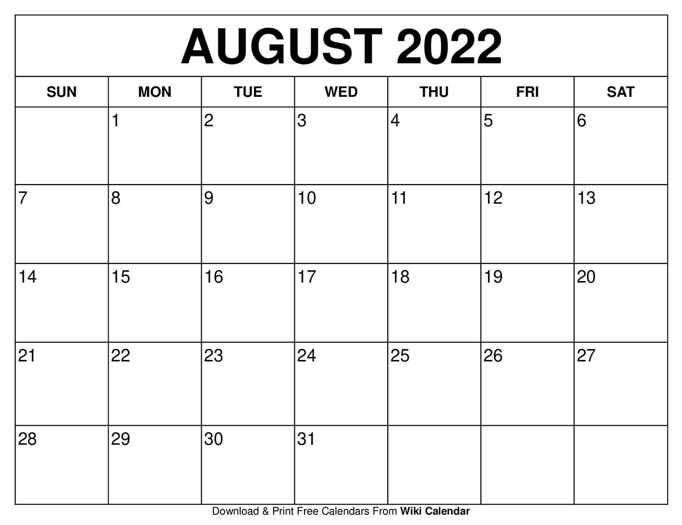 Printable Calendar Aug 2022 Free Printable August 2022 Calendars - Wiki Calendar