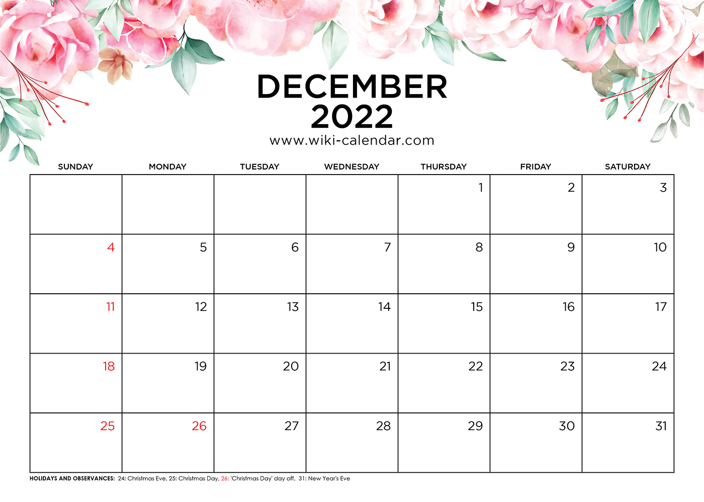 December 2022 Calendar With Holidays Free Printable December 2022 Calendars - Wiki Calendar