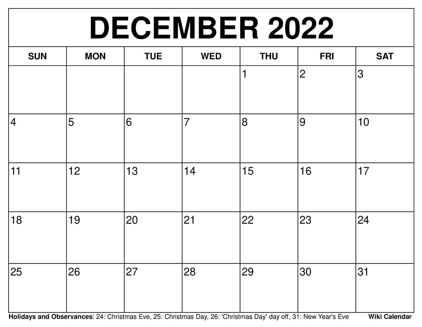 December Printable Calendar 2022 Free Printable December 2022 Calendars - Wiki Calendar