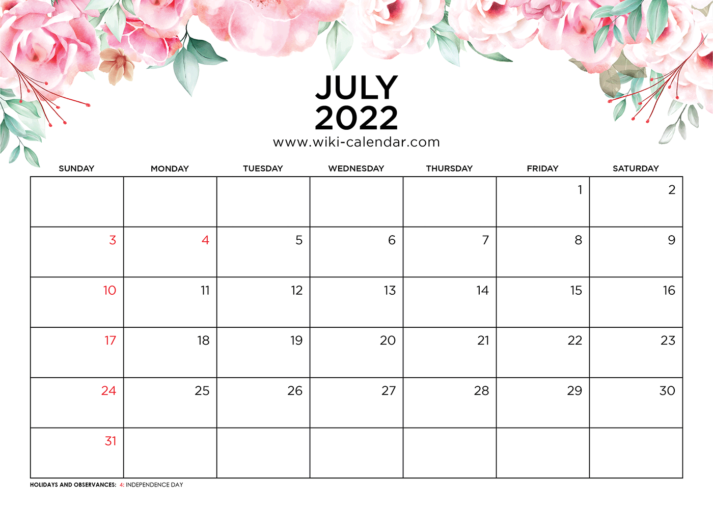 July 2022 Calendar Printable with Holidays