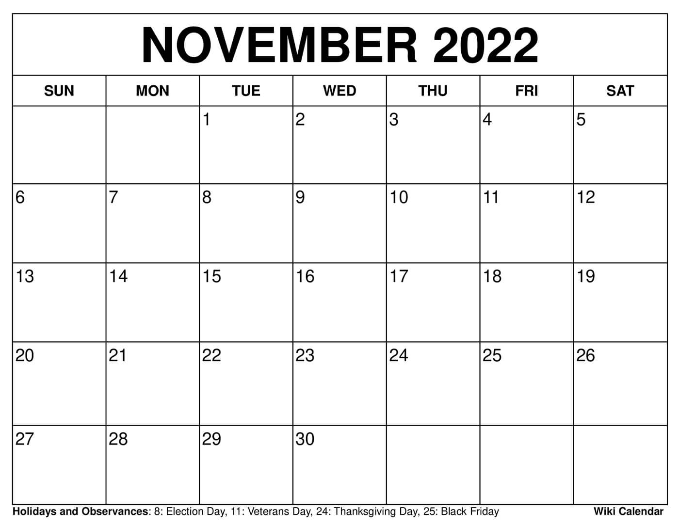 Thanksgiving Calendar 2022 Free Printable November 2022 Calendars - Wiki Calendar
