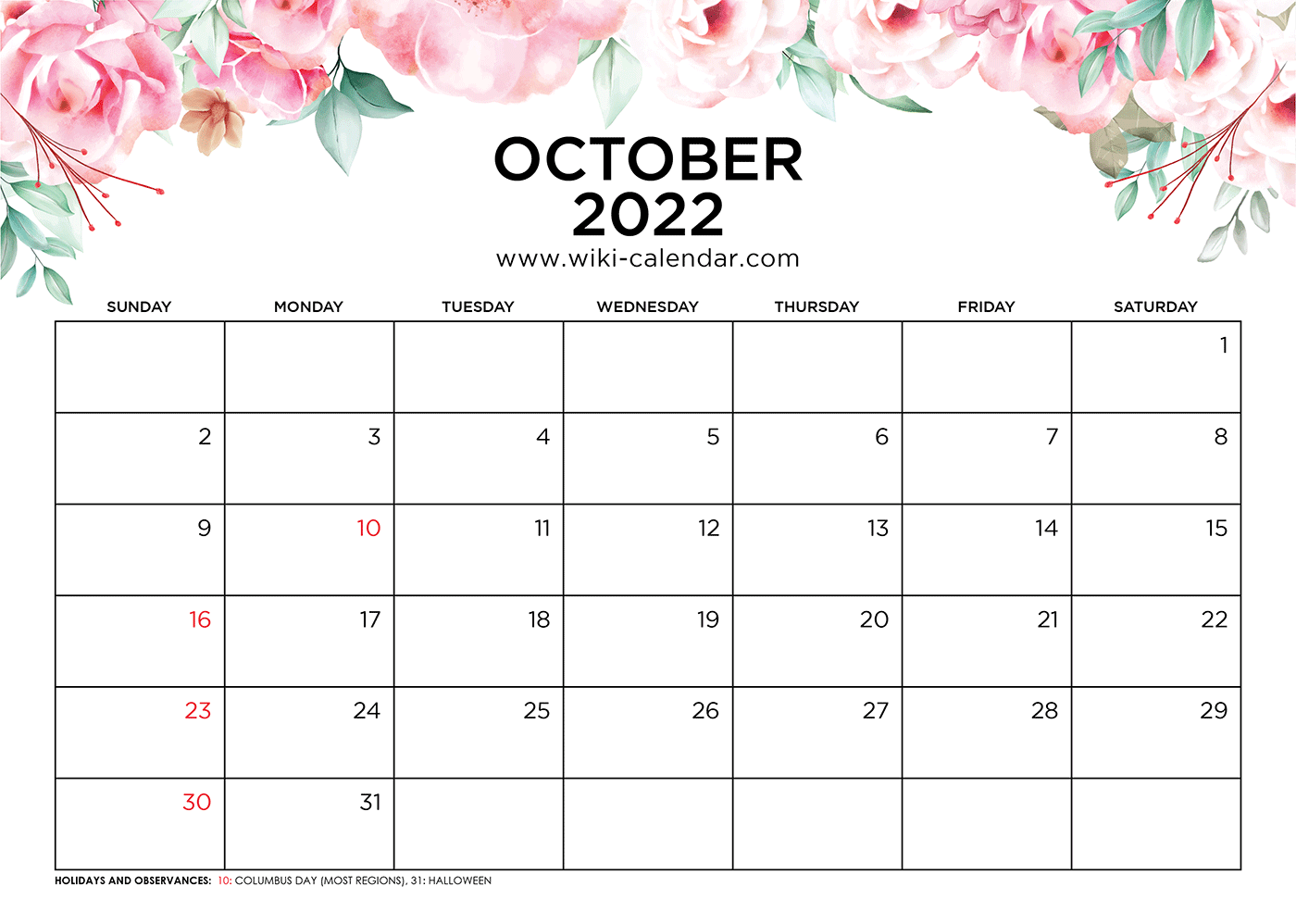 October 2022 Printable Calendar With Holidays Free Printable October 2022 Calendars - Wiki Calendar