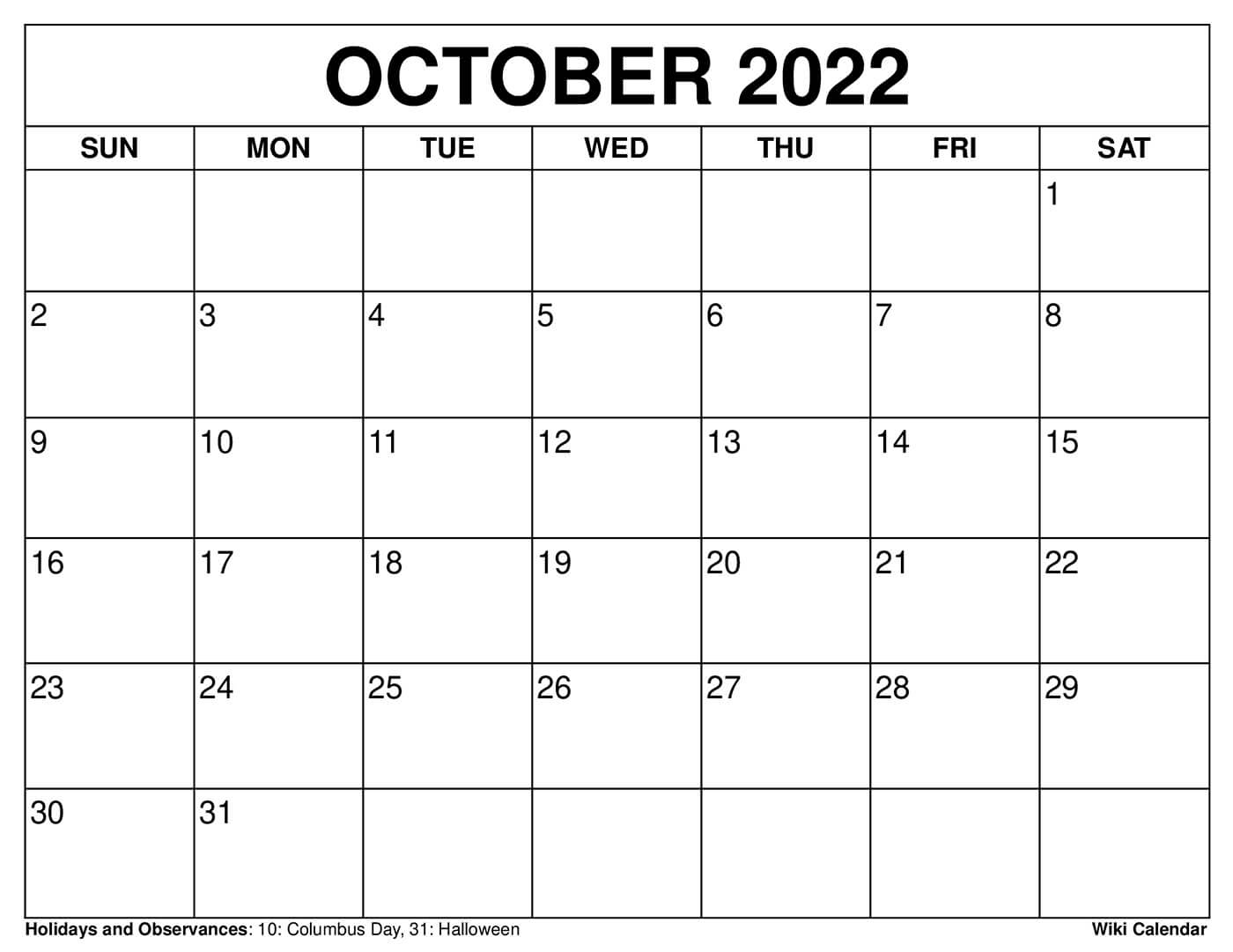 Oct Printable Calendar 2022 Free Printable October 2022 Calendars - Wiki Calendar