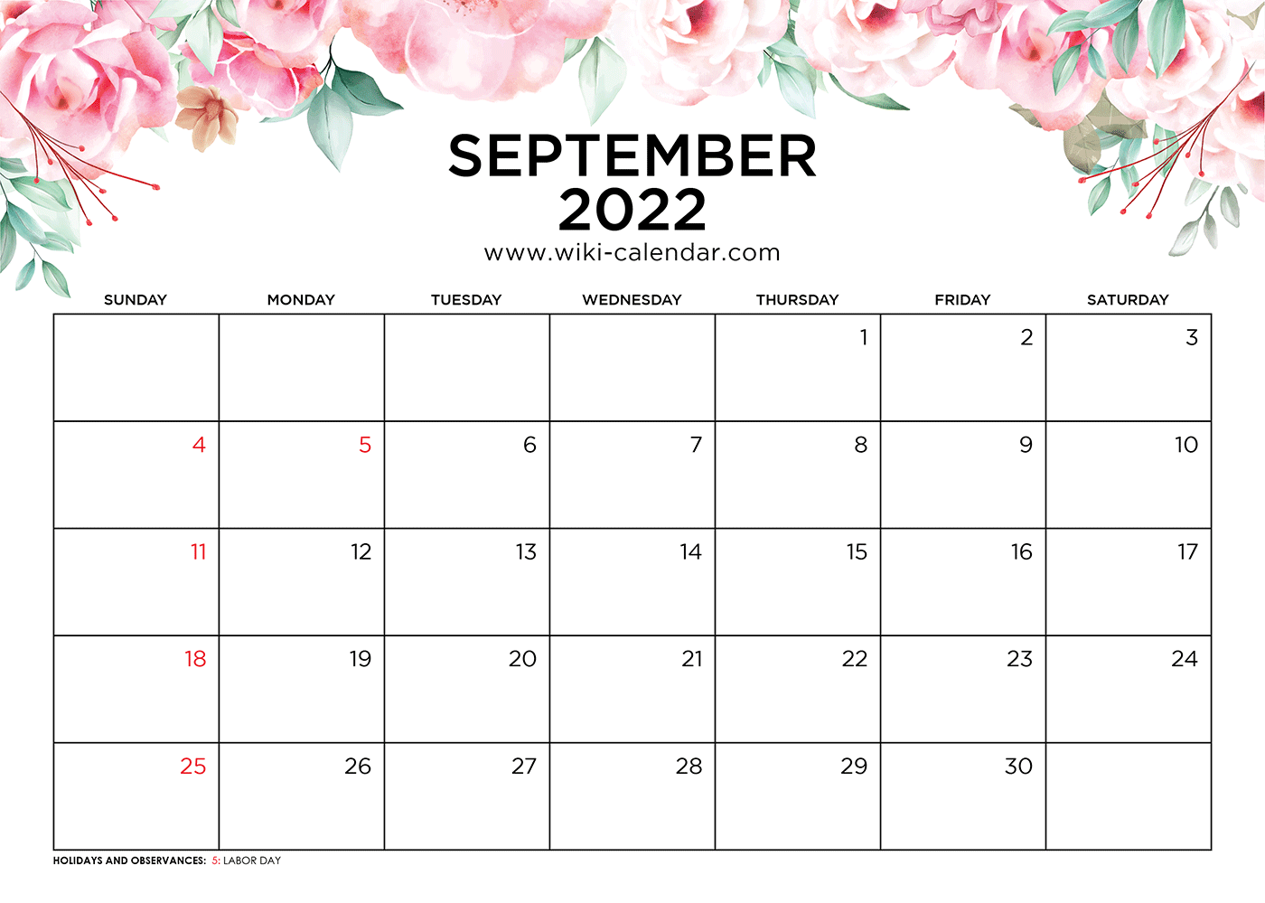 September 2022 Calendar Printable with Holidays