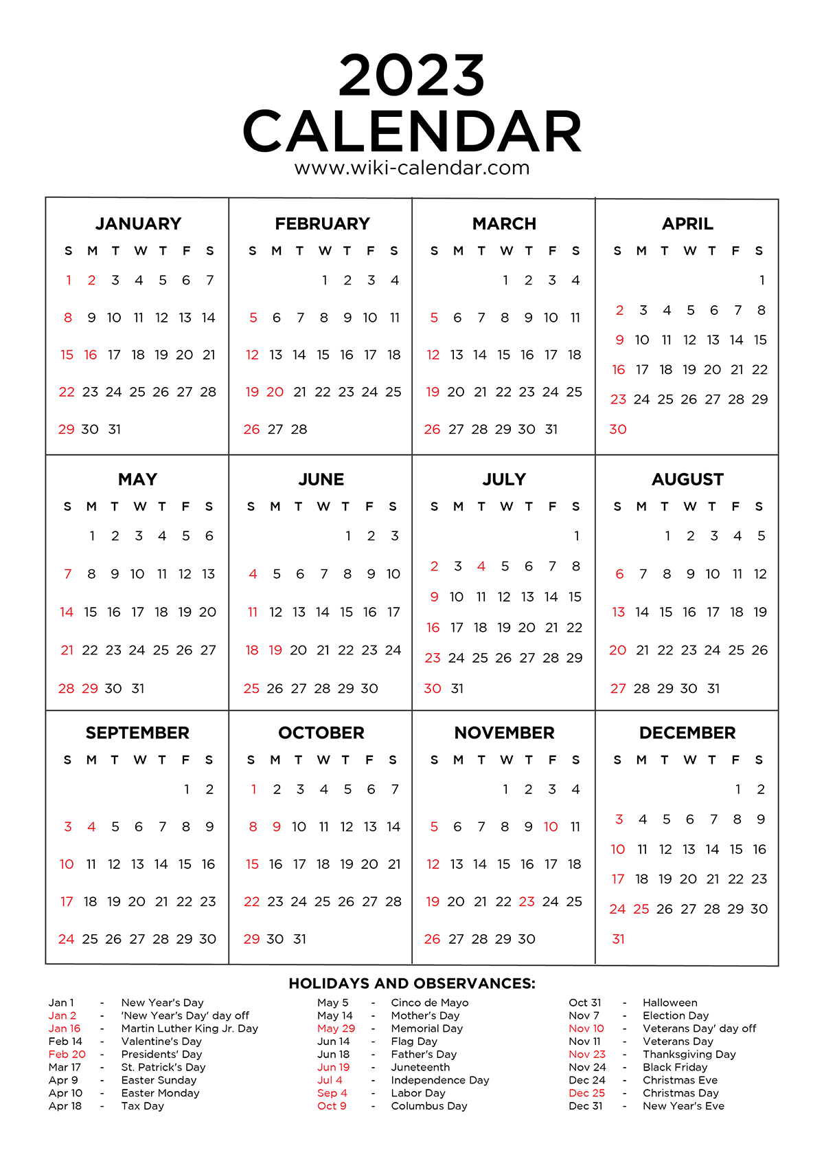 2023 Calendar Printable with Holidays