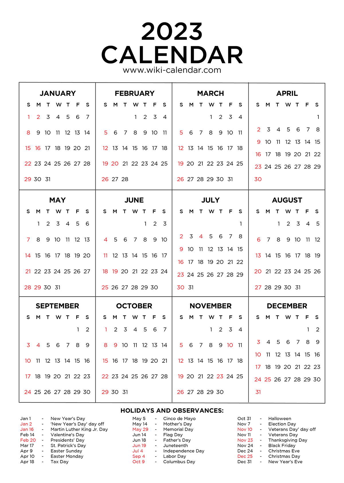 Year 2023 Calendar Printable with Holidays