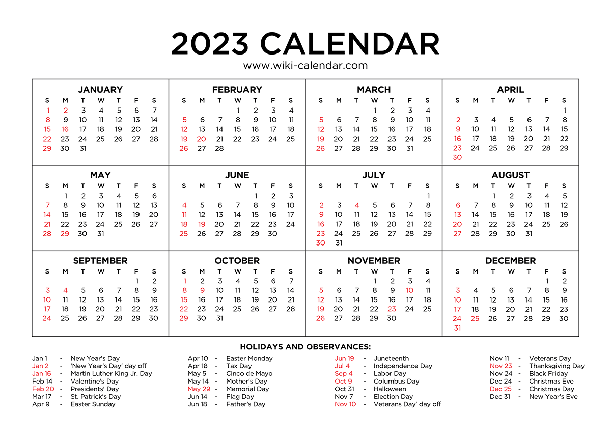 Year 2023 Calendar Printable With Holidays - Wiki Calendar