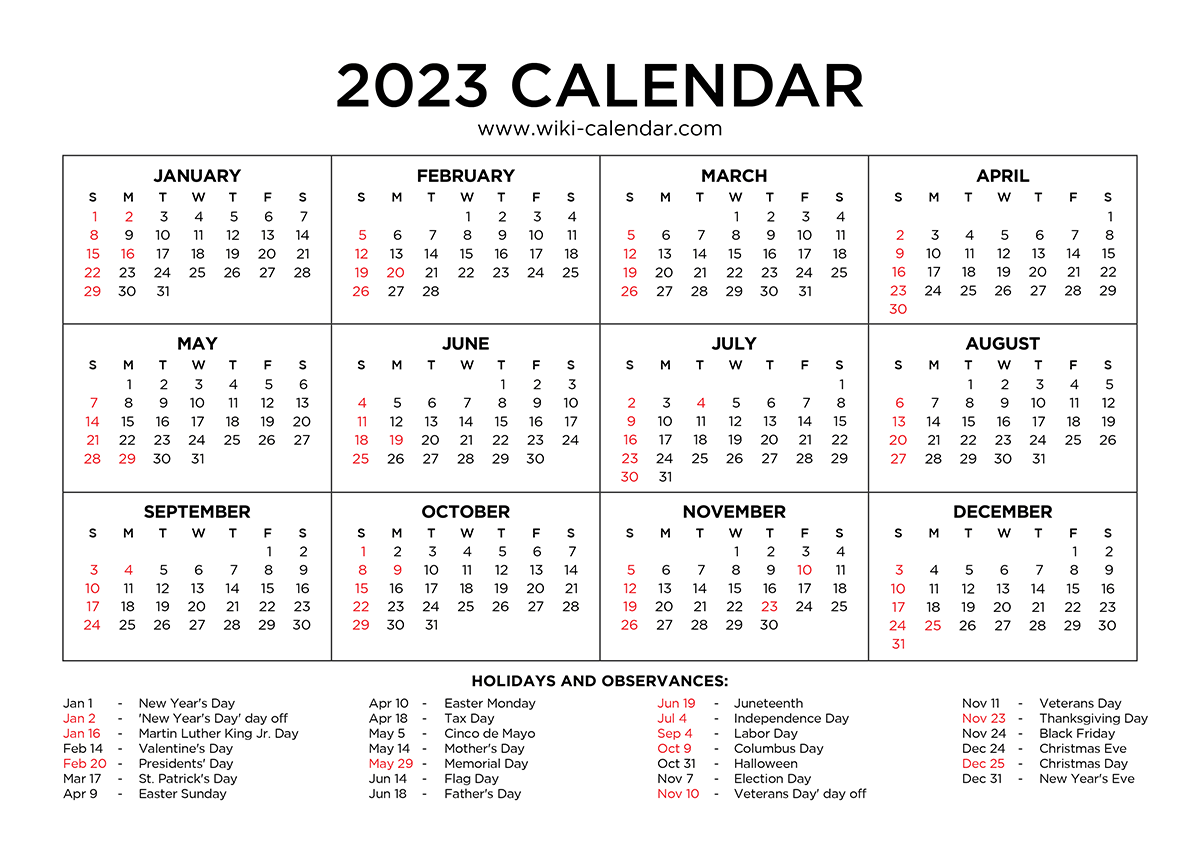 year 2023 calendar printable with holidays