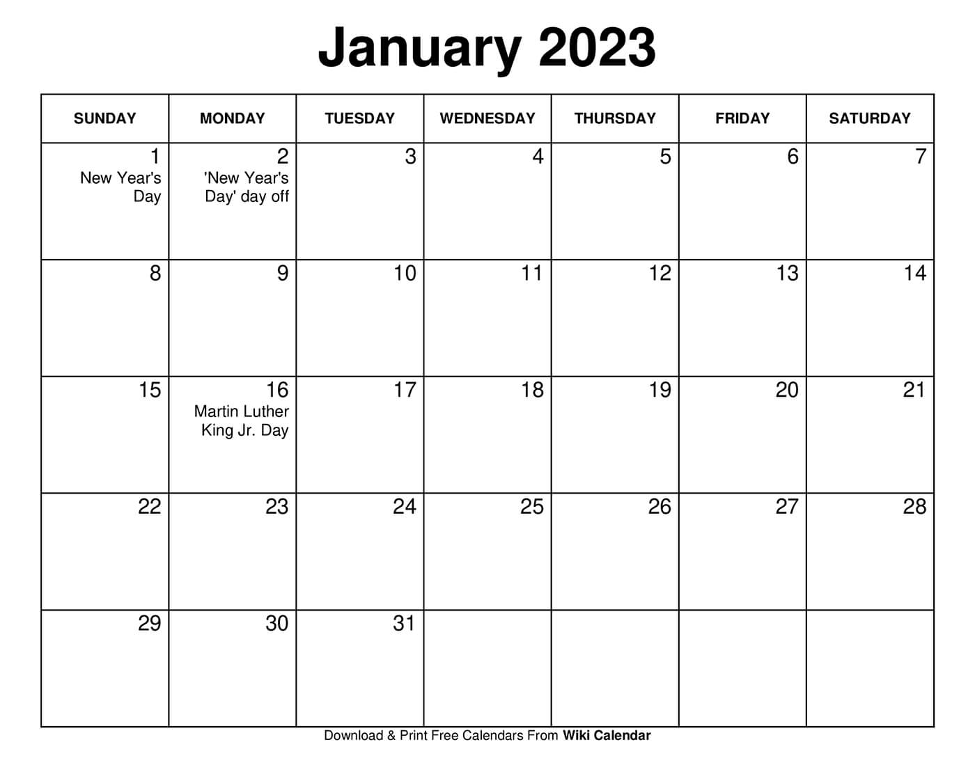 January 2023 Calendar Printable with Holidays
