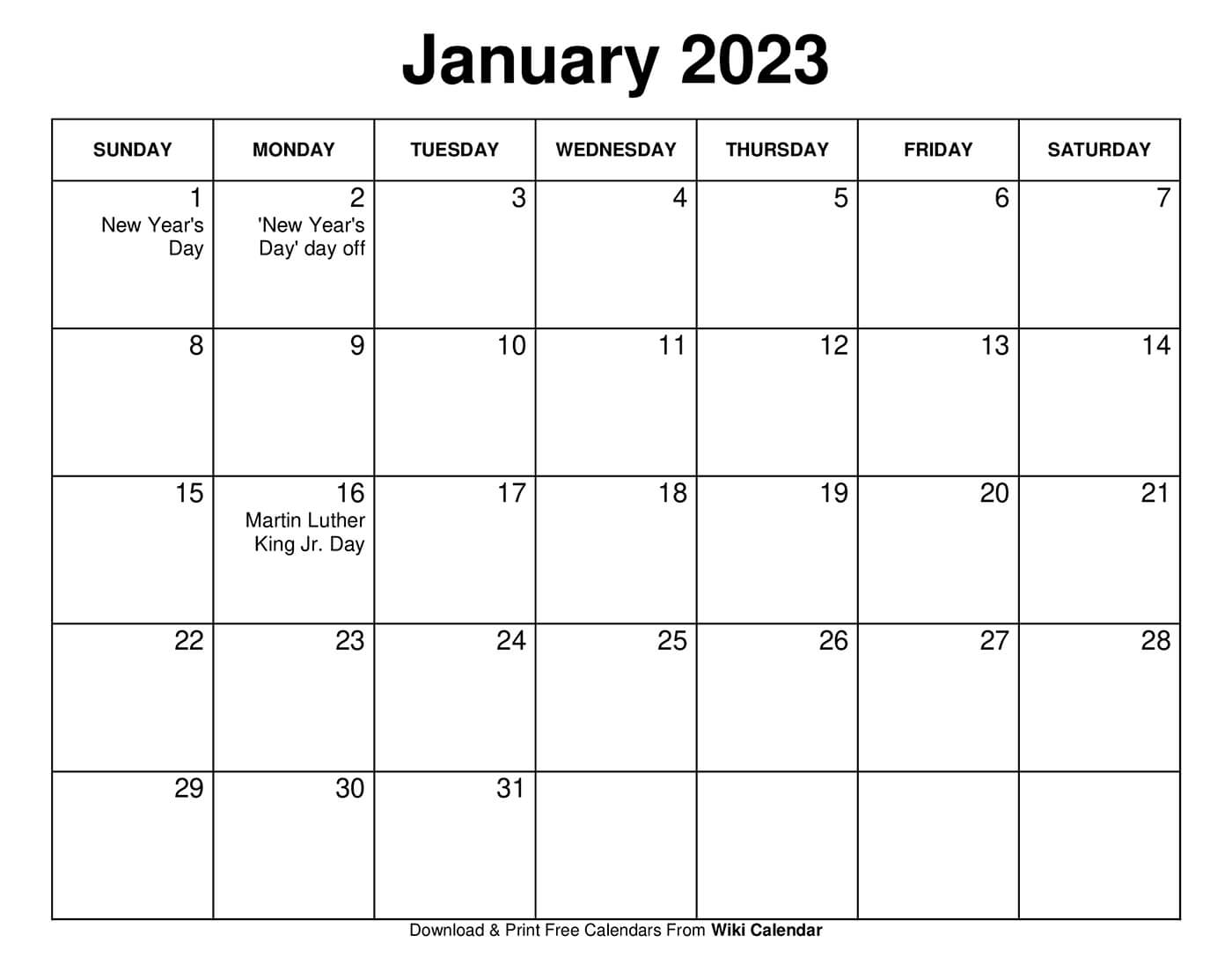 Free Printable January 2023 Calendars