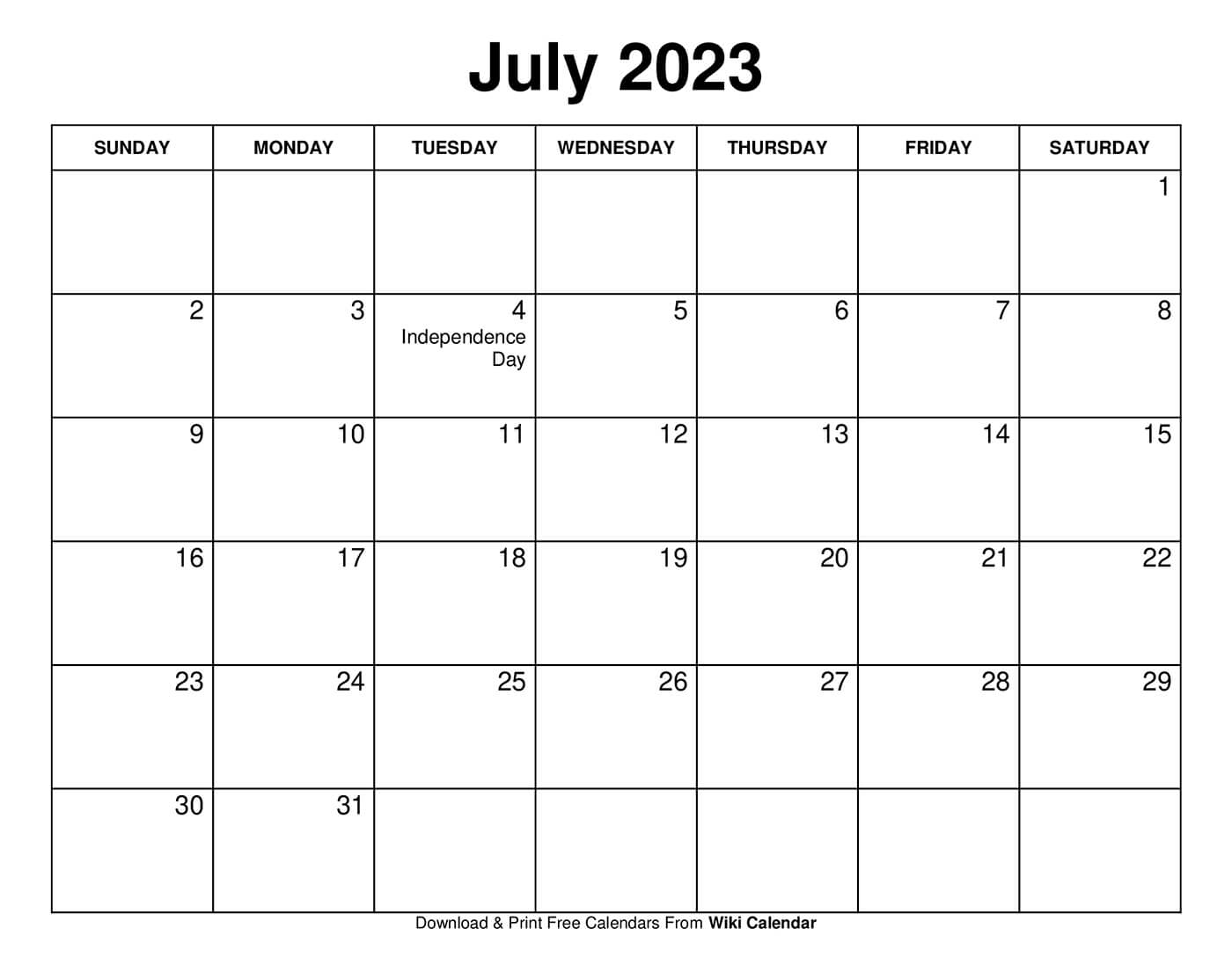 July 2023 Calendar Printable with Holidays