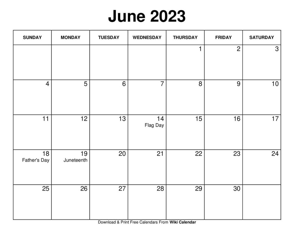 Free Printable Calendar June 2023 With Holidays