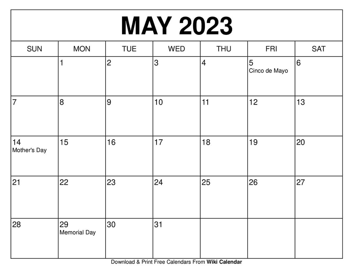 Free Printable Calendar 2023 With Holidays May