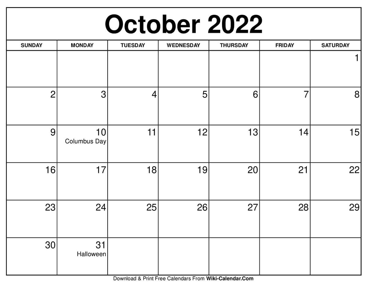 October 2022 Calendar Printable with Holiday