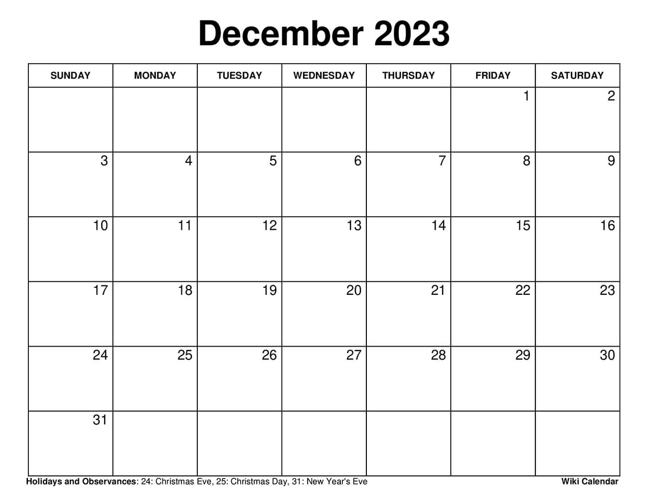 December 2023 Calendar Printable with Holidays