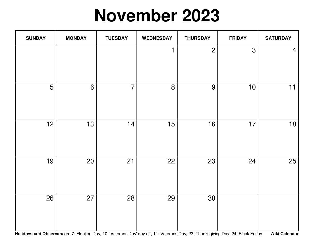 November 2023 Calendar Printable with Holidays