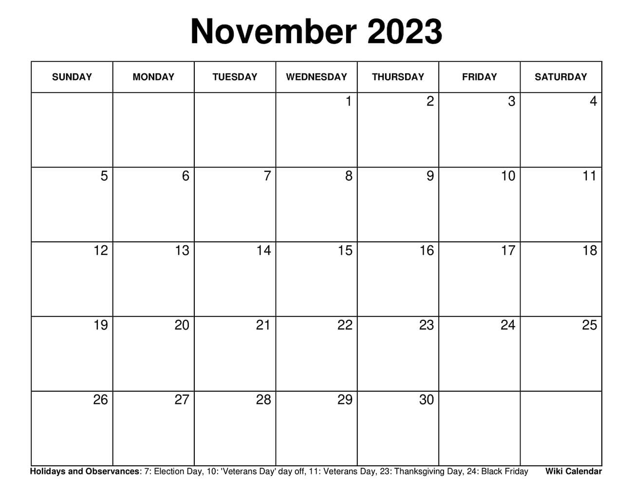 Printable November 2023 Calendar Templates with Holidays Wiki Calendar