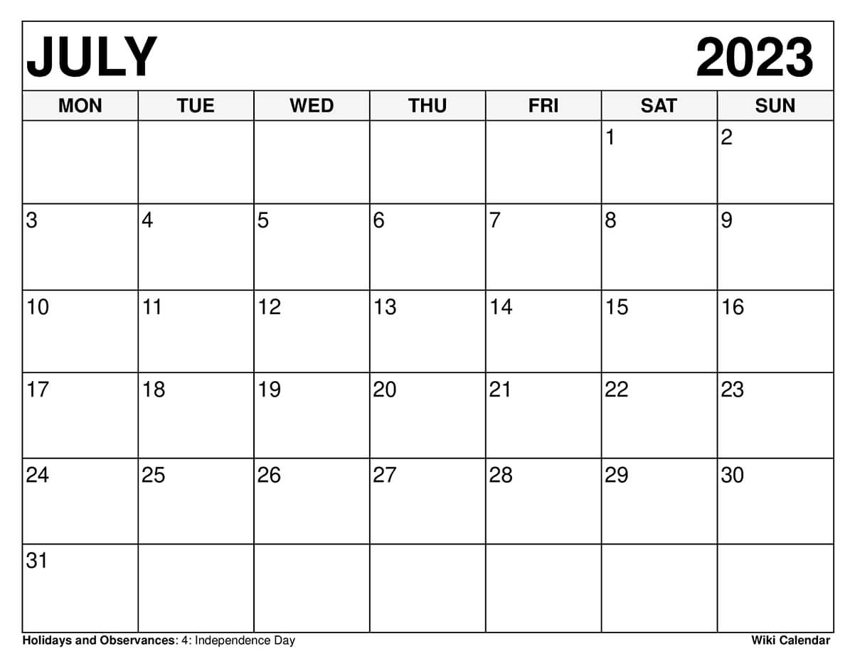 Free Printable July 2023 Calendars Templates With Holidays Free Printable July 2023 Calendars Templates With Holidays