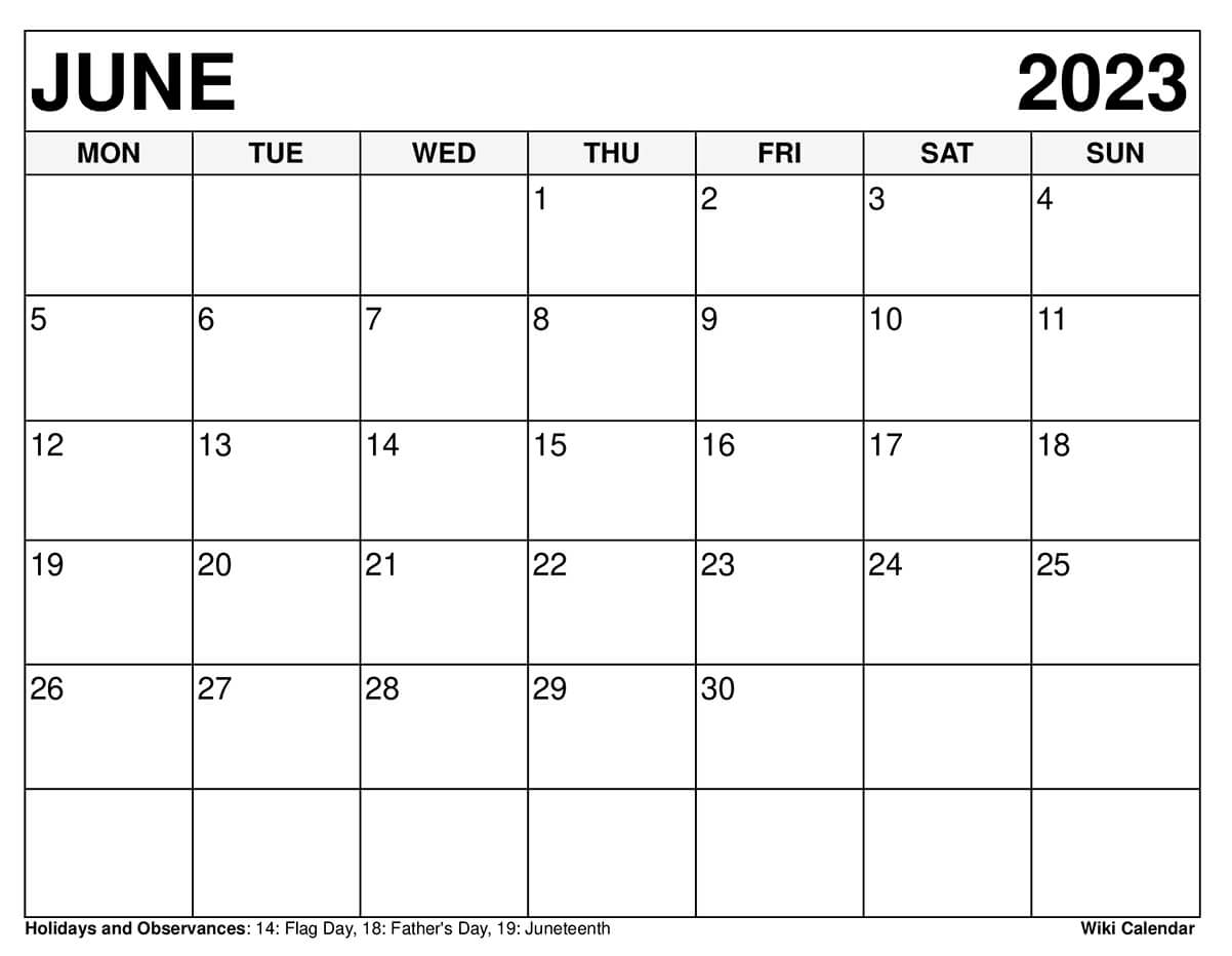 June 2023 Calendar Monday Start