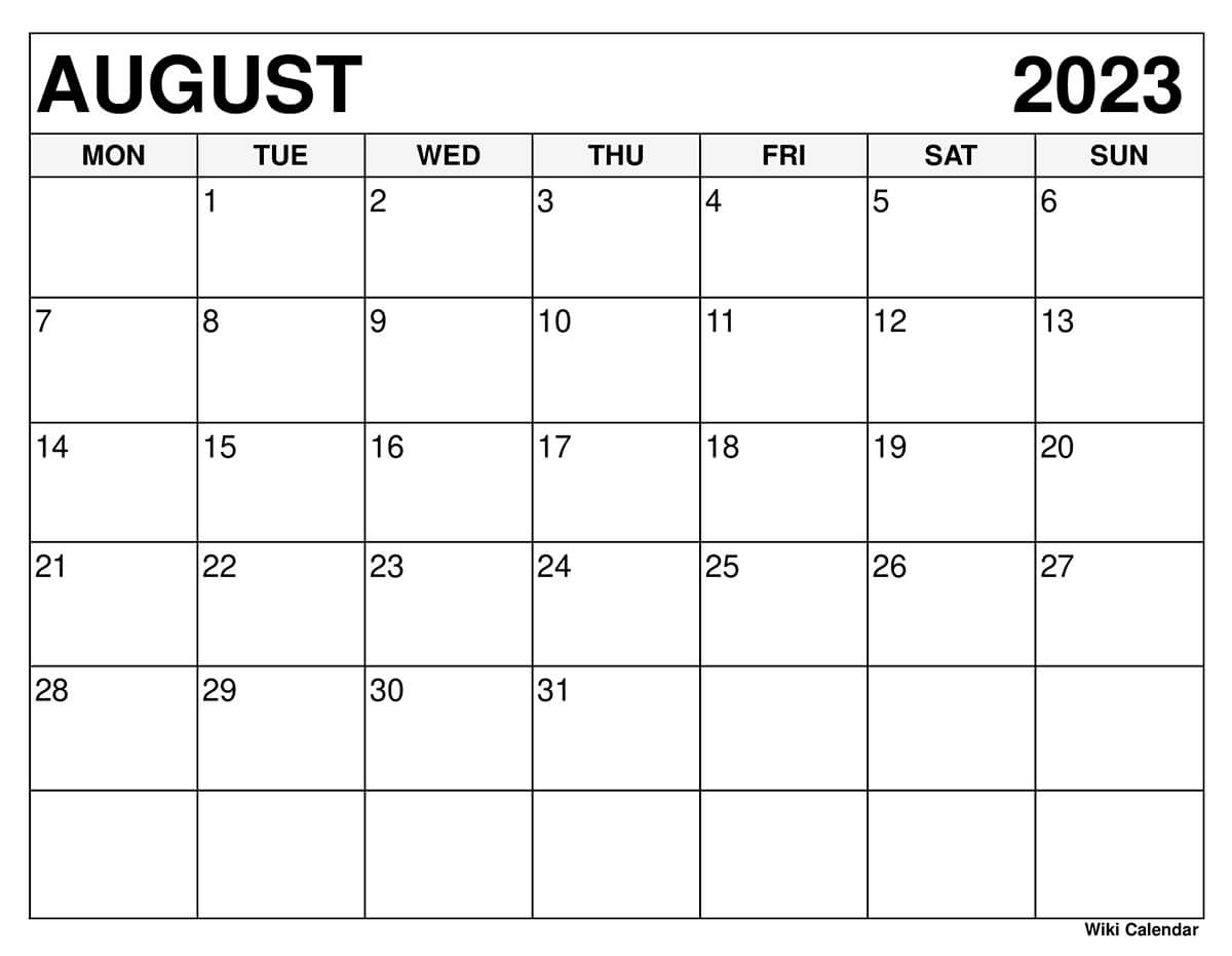 August 2023 Calendar Monday Start