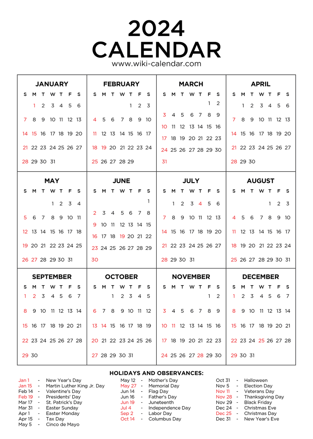Year 2024 Calendar Printable with Holidays Wiki Calendar