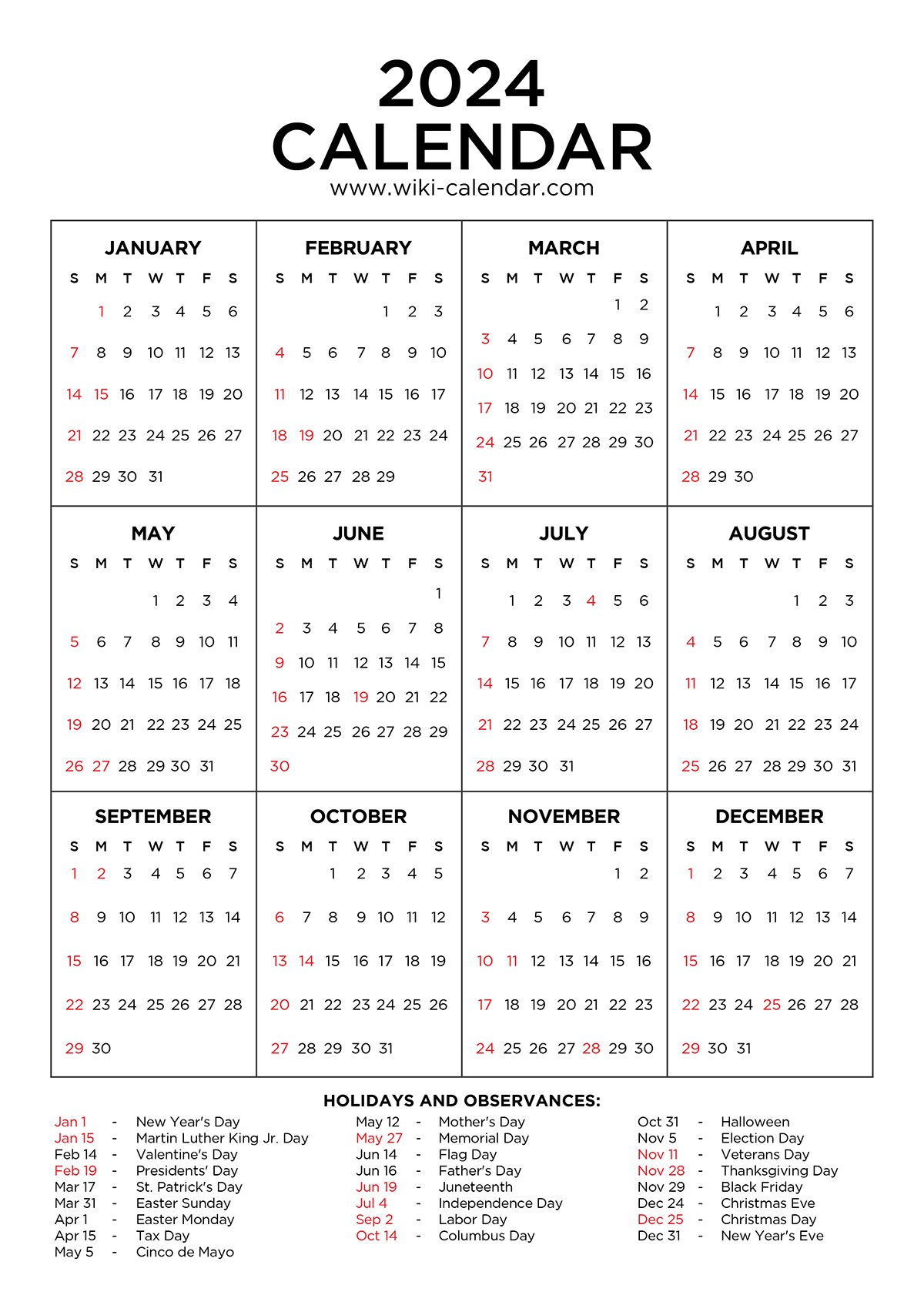 2024 Calendar Printable with Holidays