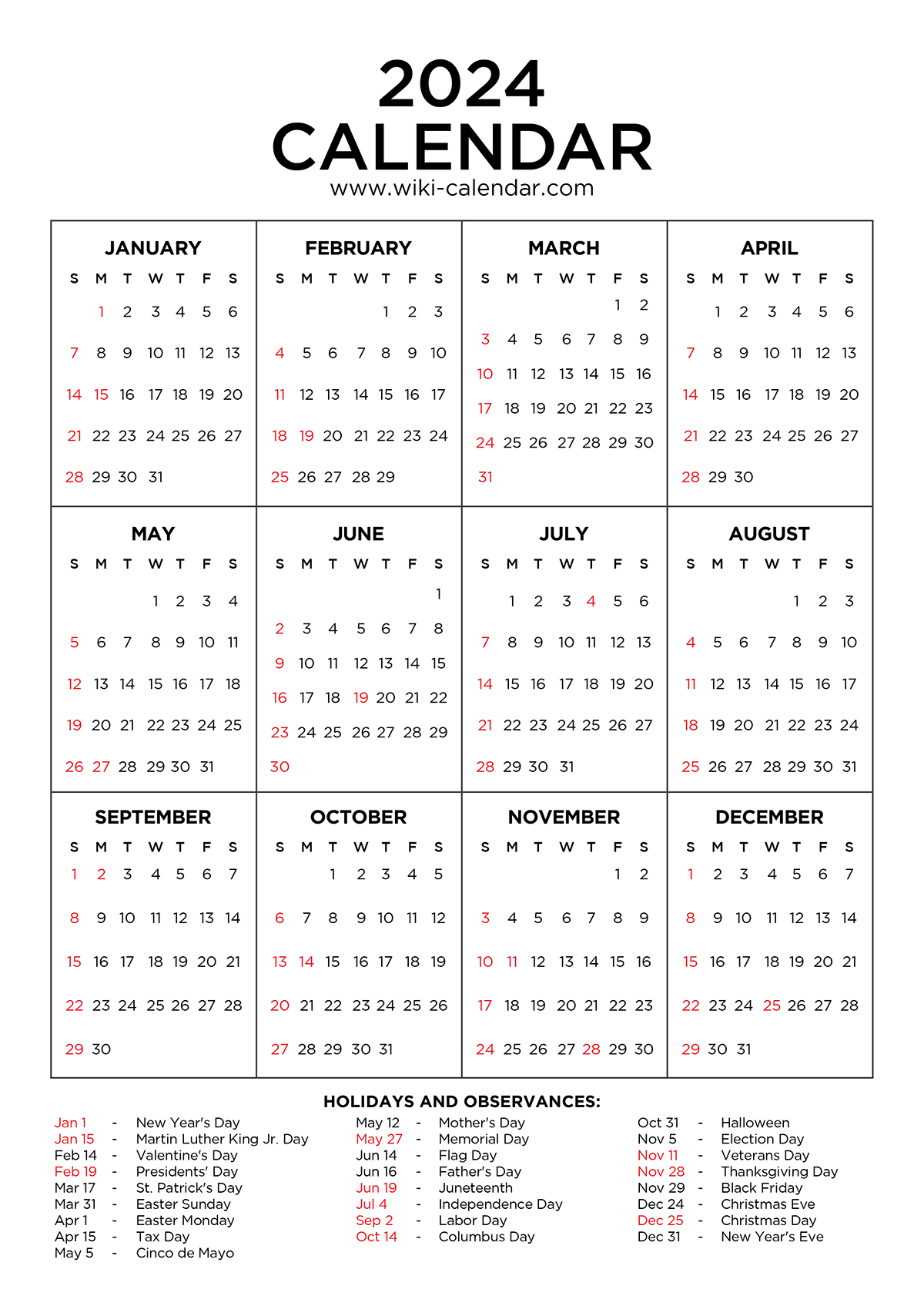 Free Printable 2024 Monthly Calendar with Holidays - Pretty Style!