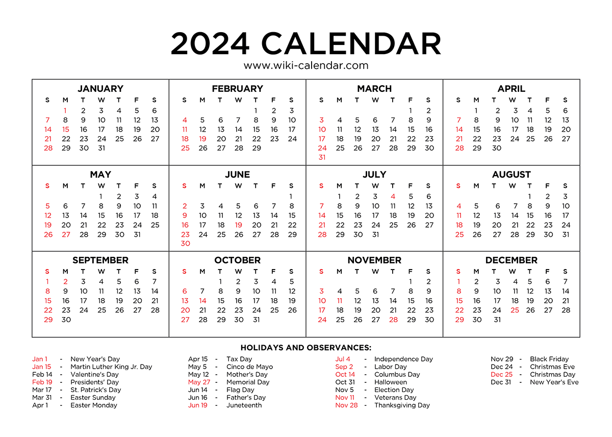 2024 calendar with holidays (US Federal Holidays)