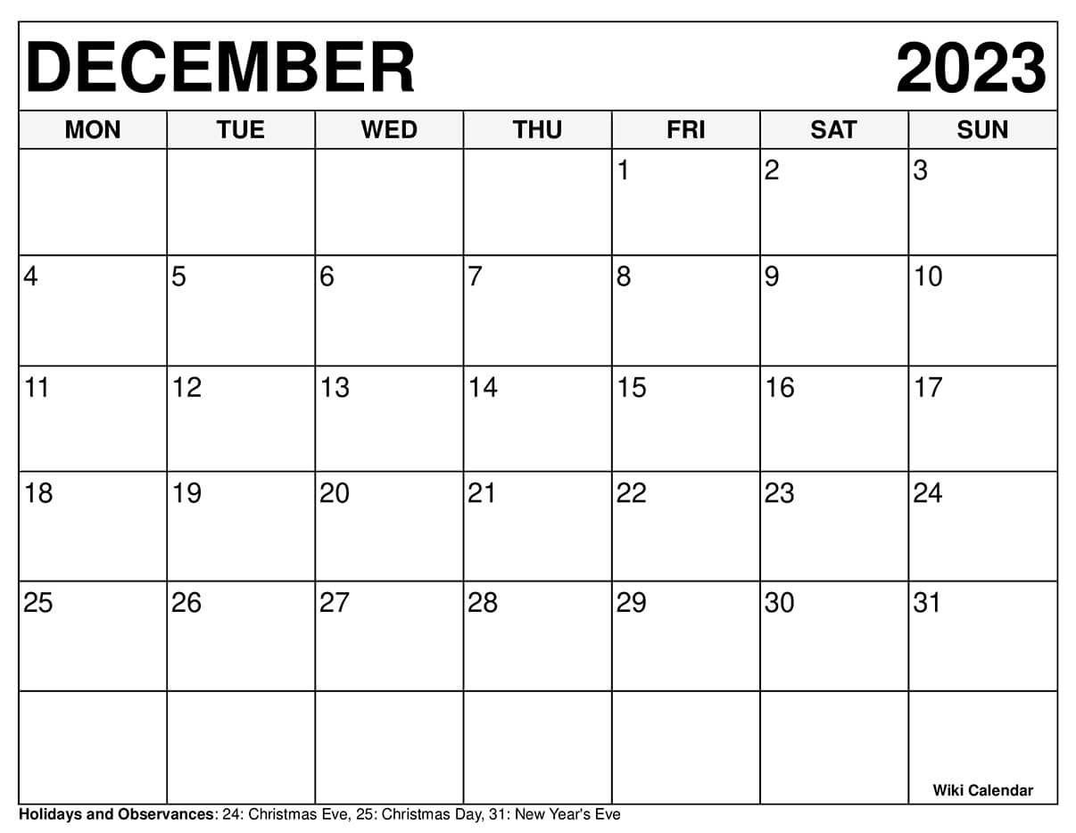 December 2023 Calendar Monday Start