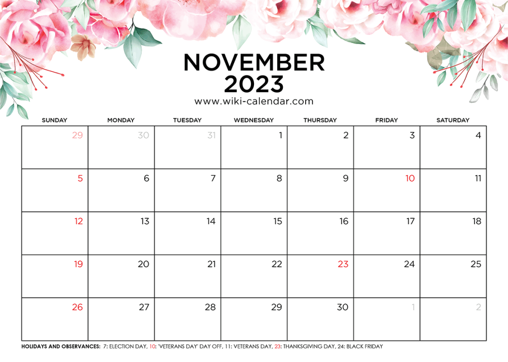 Printable November 2023 Calendar Templates With Holidays Wiki Calendar