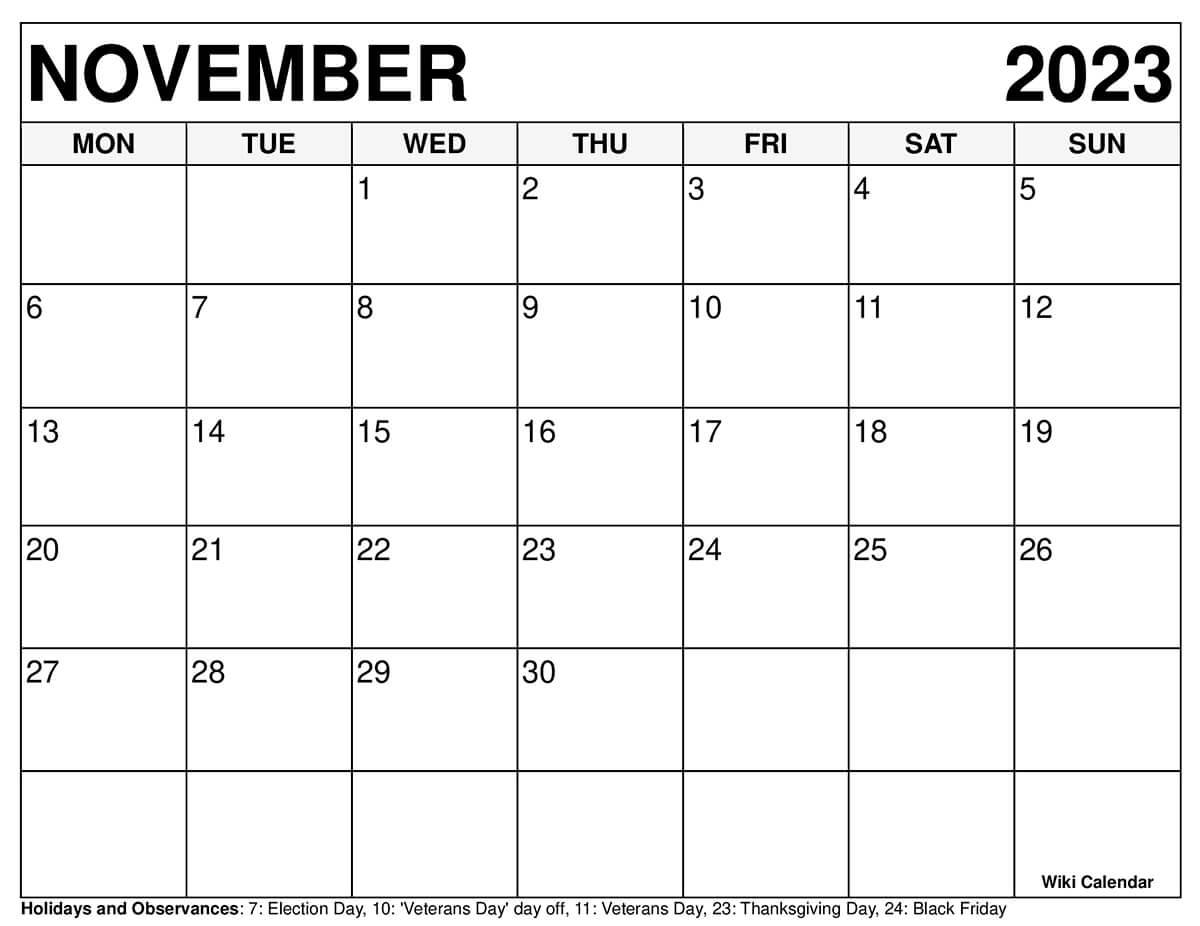November 2023 Calendar Monday Start