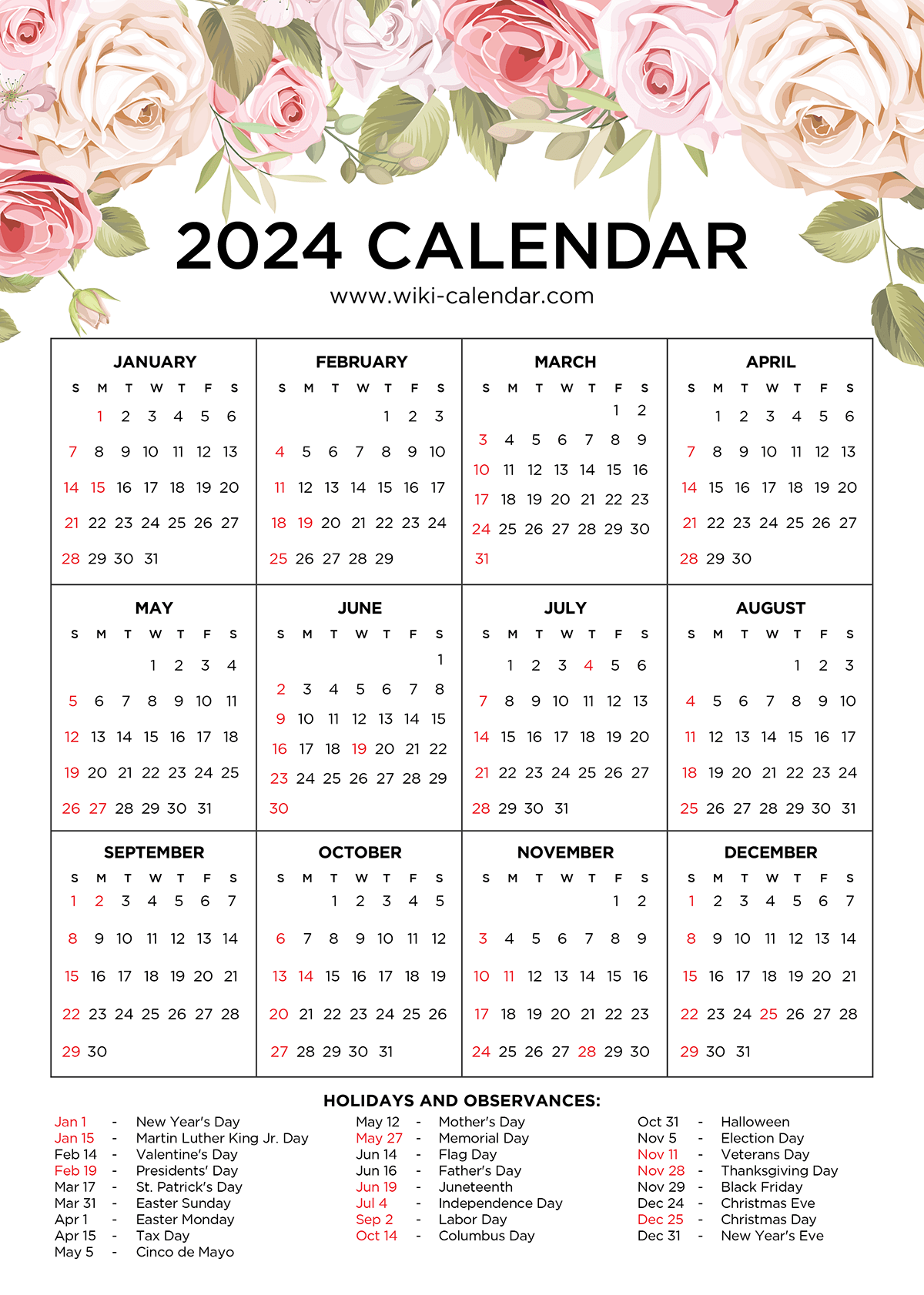 Printable Floral Calendar 2024