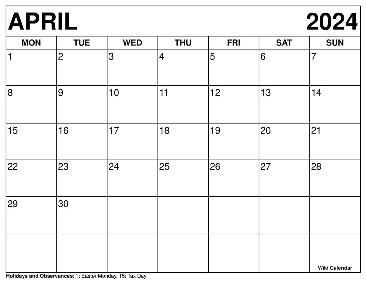 Wiki Calendar April 2025 Printable Rami Charles