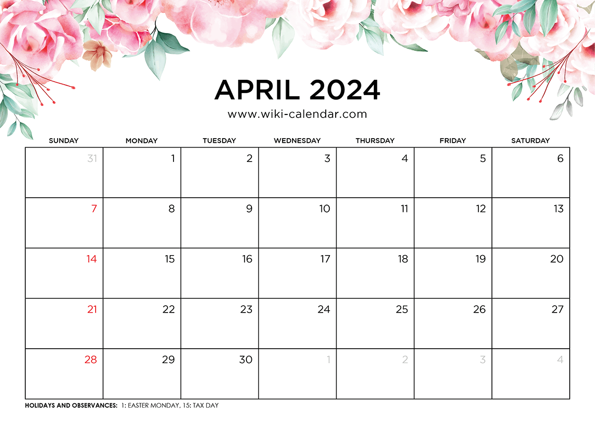 Printable April 2024 Calendar Templates With Holidays Printable April 2024 Calendar Templates With Holidays