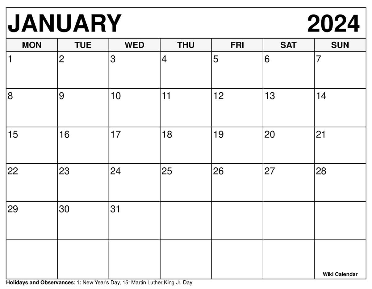 January 2024 Calendar Monday Start