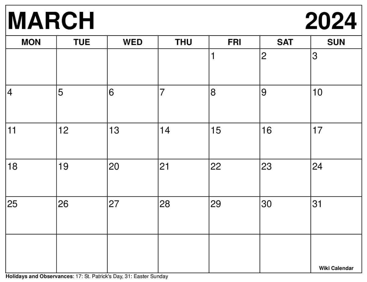 March 2024 Calendar Monday Start