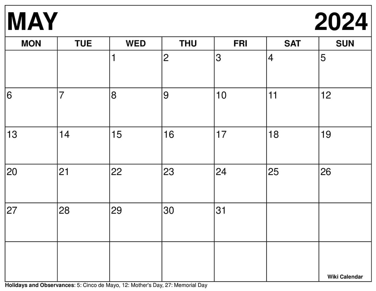 Blank May 2024 Calendar Printable PDF Templates with Holidays