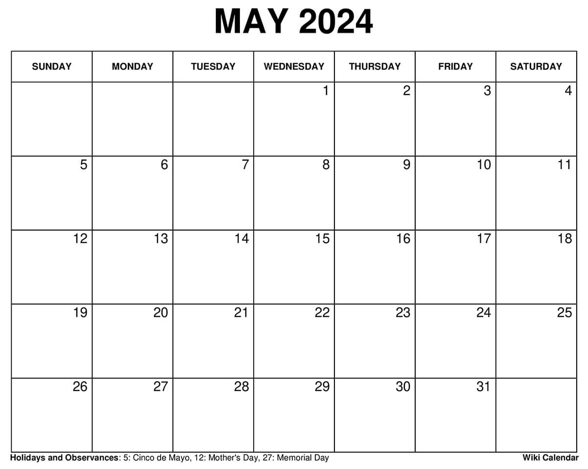 May 2024 Calendar Printable with Holidays