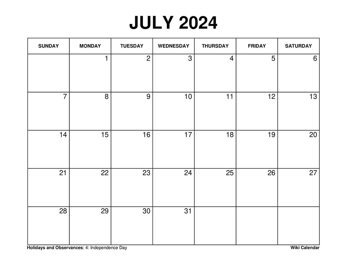 Blank Calendar Template July 2024 Printables Marna Sharity