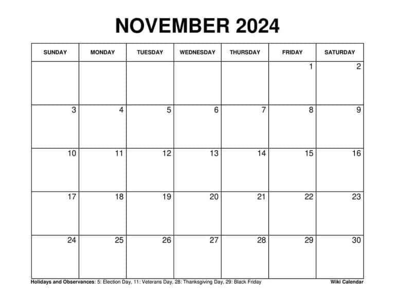 Printable November 2024 Calendar Templates with Holidays Wiki Calendar