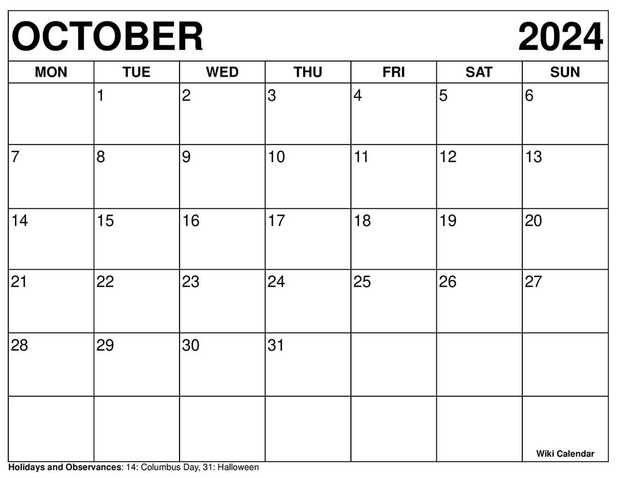 October 2024 Calendar Monday Start