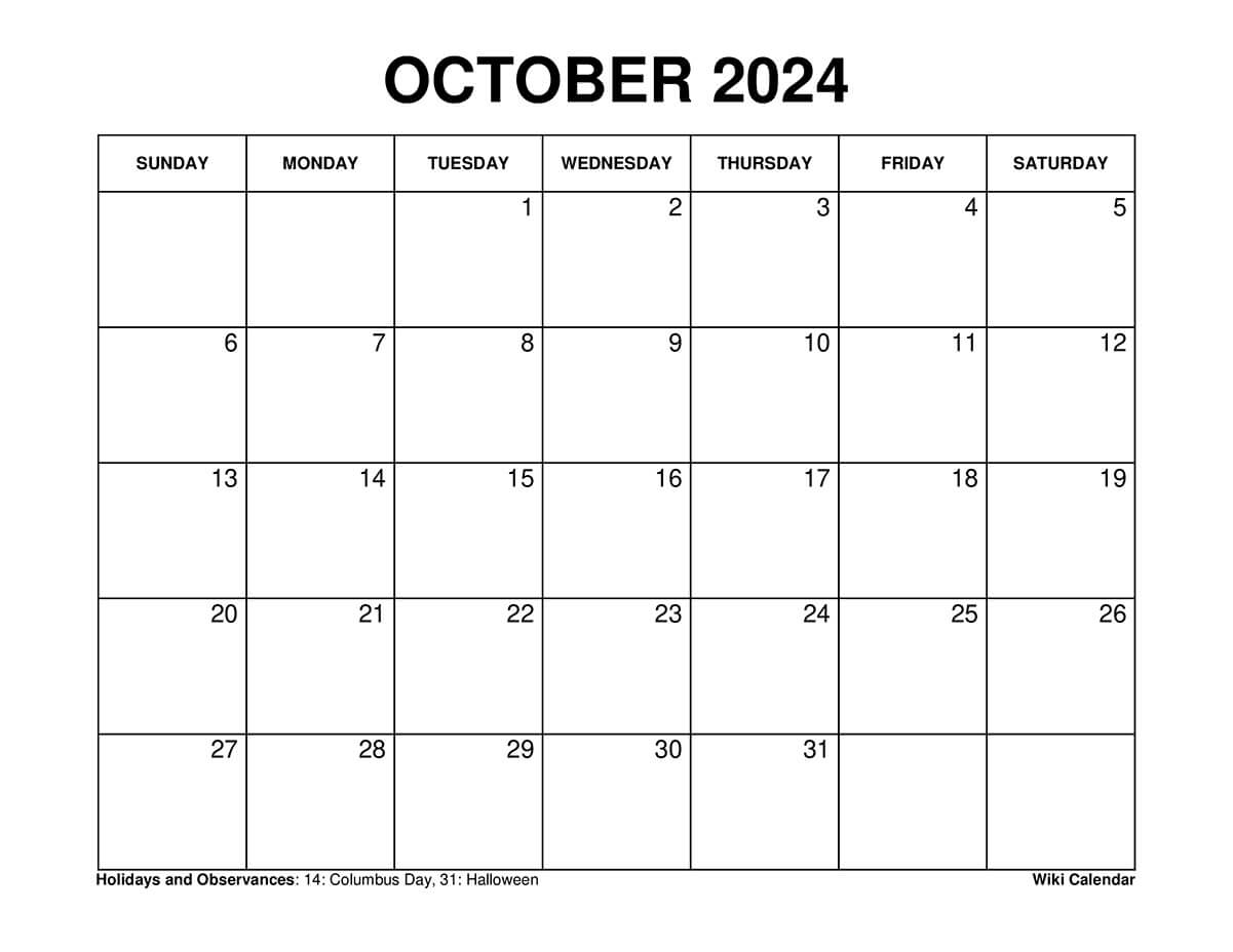 October 2024 Calendar Printable with Holidays