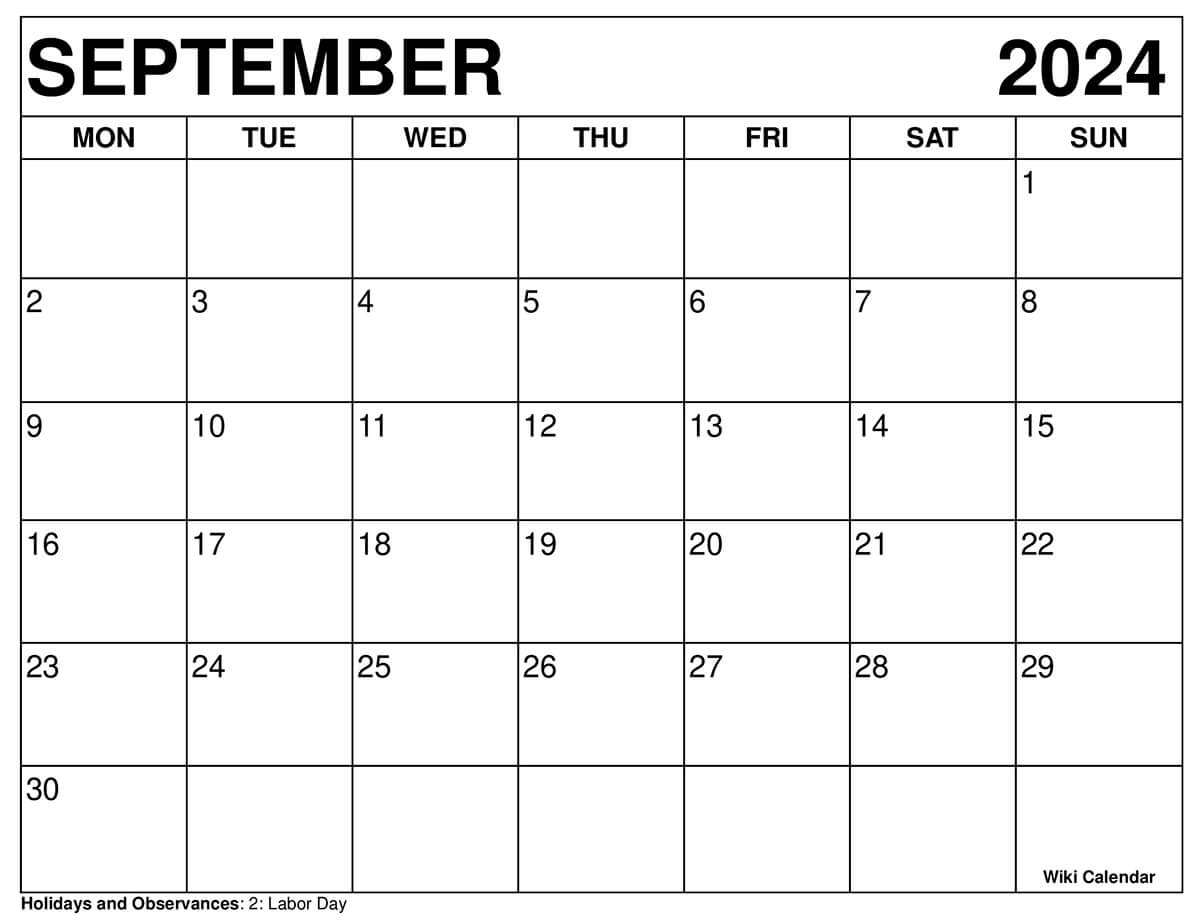 September 2024 Calendar Monday Start