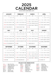 Year 2025 Calendar Printable with Holidays - Wiki Calendar